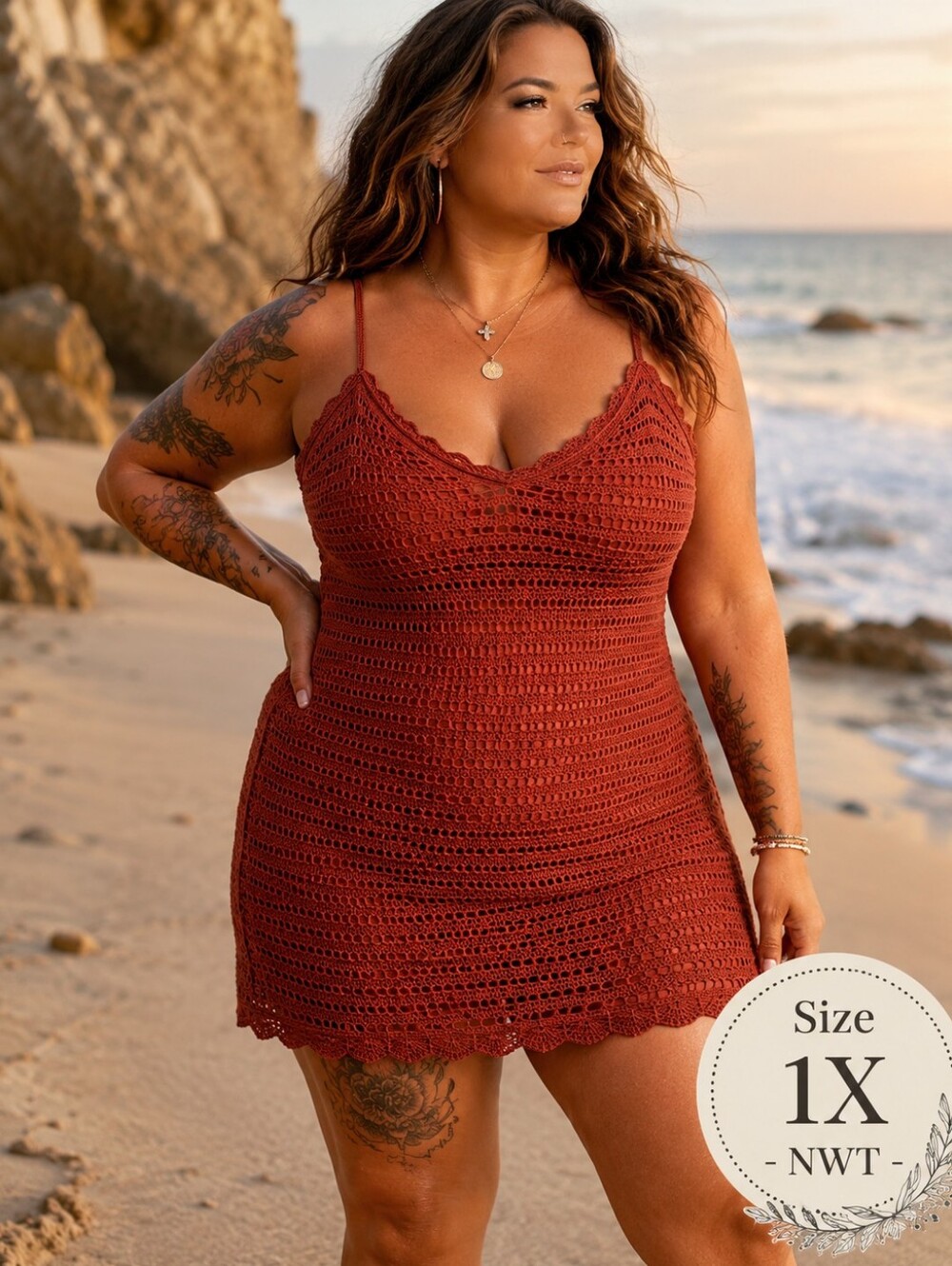 Fashion Nova NWT Rust Crochet Slip Dress 1X Boho Beach